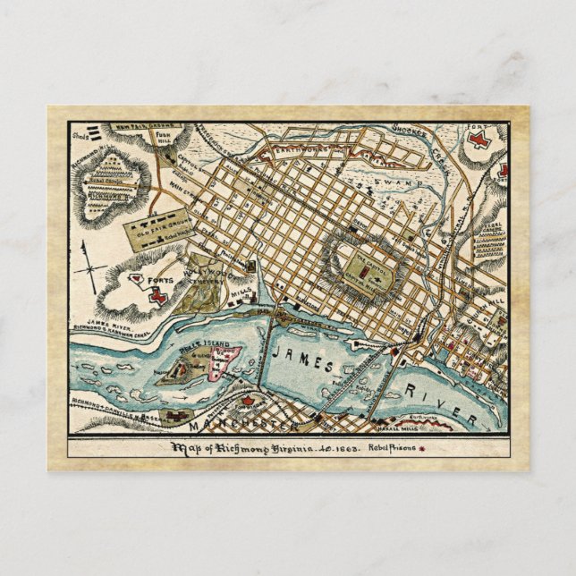 Civil War Map of Richmond, Virginia in 1863 Postcard (Front)