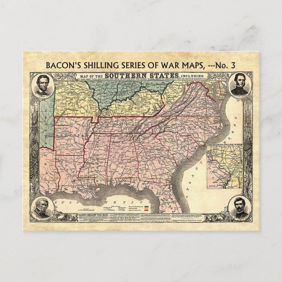 Civil War Map of the Southern States Postcard | Zazzle