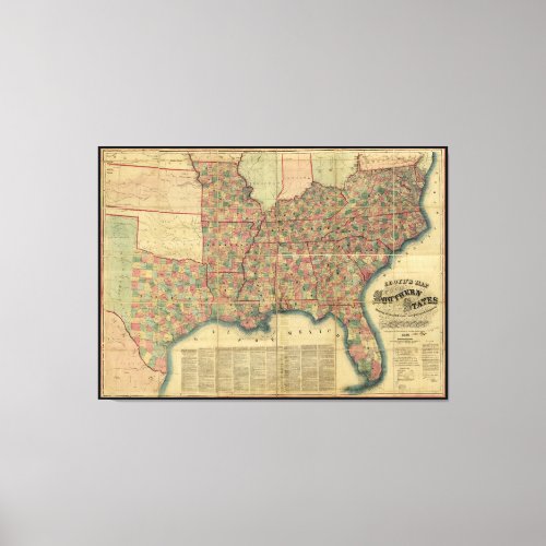 Civil War Southern States Map by J Lloyd 1862 Canvas Print