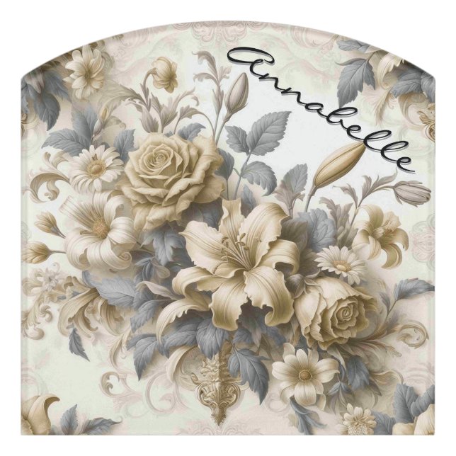 CJANGE Gray Antique Floral Perfection Name  Door Sign (Contour Front)