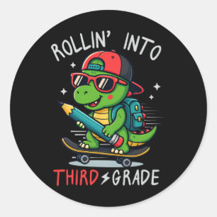 Ck To School Rollin' Into 3rd Grade T-rex Skateboa Classic Round Sticker