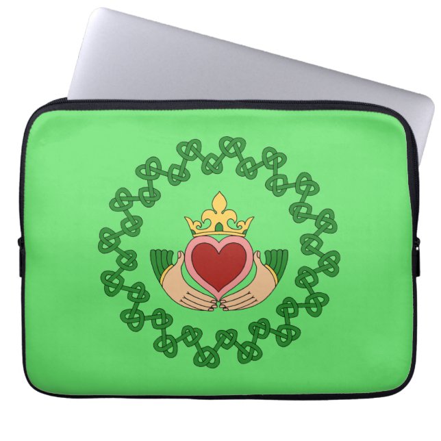 Claddagh and Green Knotwork Laptop Sleeve (Front)