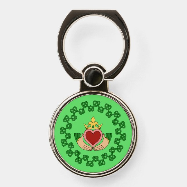 Claddagh and Green Knotwork Phone Ring Stand (Front)