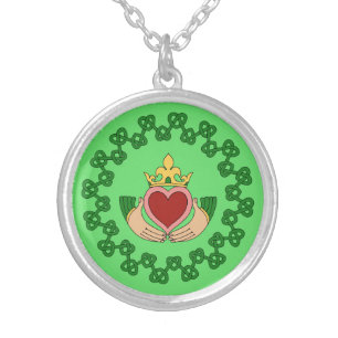 Claddagh and Green Knotwork Silver Plated Necklace