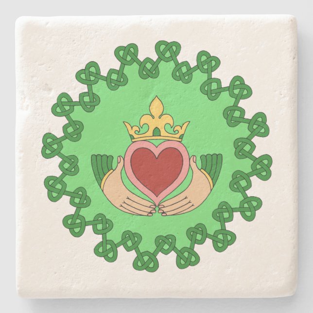 Claddagh and Green Knotwork Stone Coaster (Front)