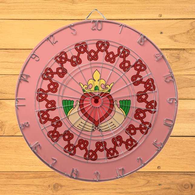 Claddagh and Red Knotwork on Pink Dart Board (Claddagh and Red Knotwork on Pink Dart Board on Wood Wall)