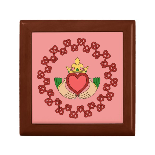 Claddagh and Red Knotwork on Pink Keepsake Box (Front)