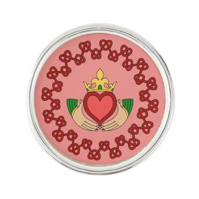 Claddagh and Red Knotwork on Pink Lapel Pin (Front)