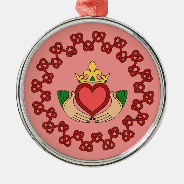 Claddagh and Red Knotwork on Pink Metal Ornament (Front)