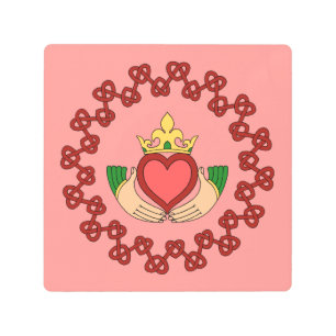Claddagh and Red Knotwork on Pink Metal Print