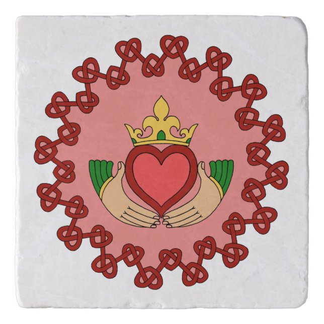 Claddagh and Red Knotwork on Pink Trivet (Front)