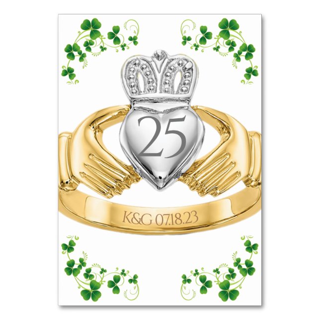 Claddagh Ring Wedding Initials & Shamrocks Table N Number (Front)
