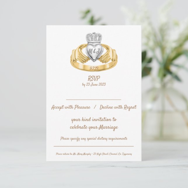 Claddagh Ring Wedding RSVP with Initials & Date (Standing Front)