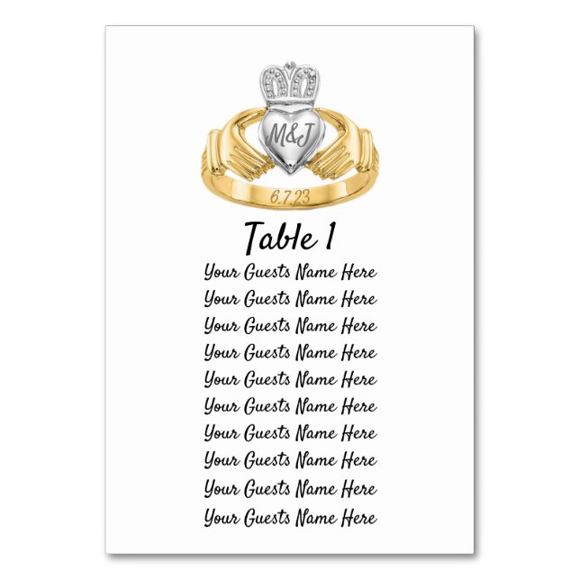 Claddagh Ring Wedding Table Plan Initials & Date Number (Front)