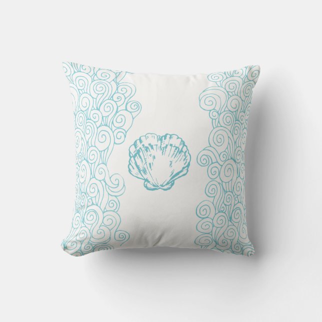Clam shell and sea swirls aqua blue white pillow (Front)