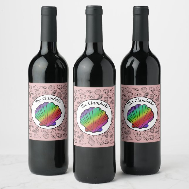Clambake Rainbow Clam Shellfish Pink Pattern Wine Label (Bottles)