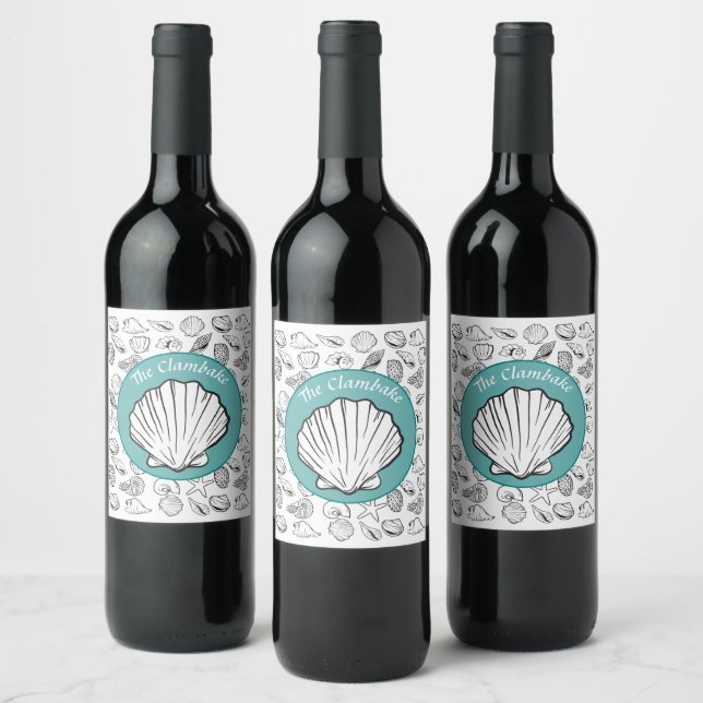 Clambake Teal Circle Seashells Party Wine Label (Bottles)