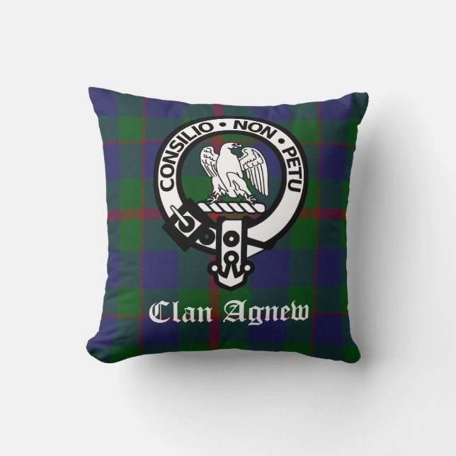 Clan Agnew Crest Badge and Tartan Throw Pillow (Front)