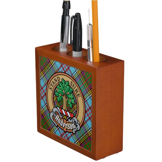Clan Anderson Crest over Tartan Desk Organizer (In Situ)
