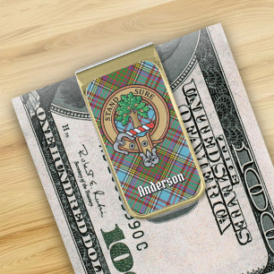 Clan Anderson Crest over Tartan Gold Finish Money Clip