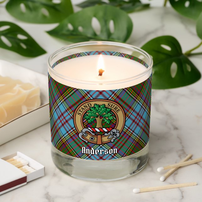 Clan Anderson Crest over Tartan Scented Candle (Lit)
