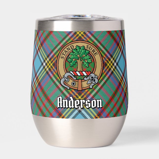 Clan Anderson Crest over Tartan Thermal Wine Tumbler (Front)