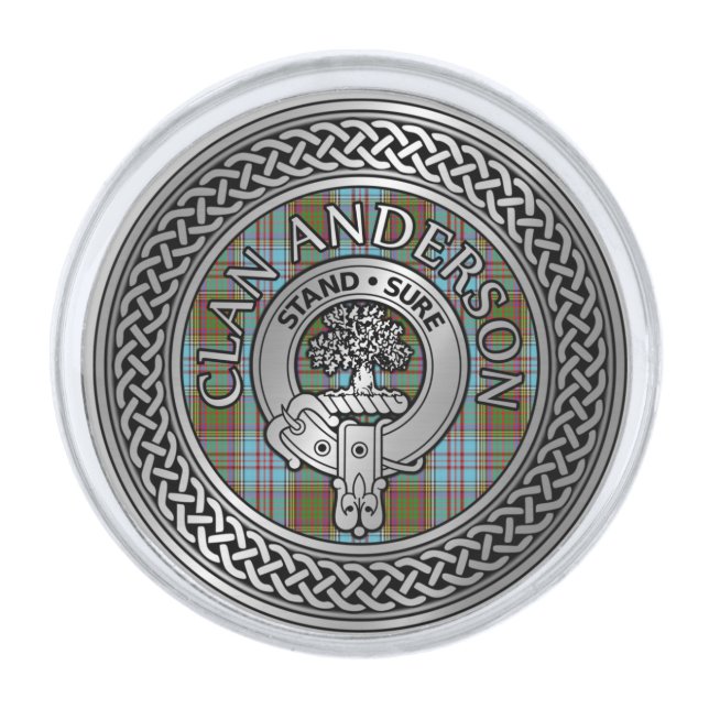 Clan Anderson Crest & Tartan Knot Silver Finish Lapel Pin (Front)