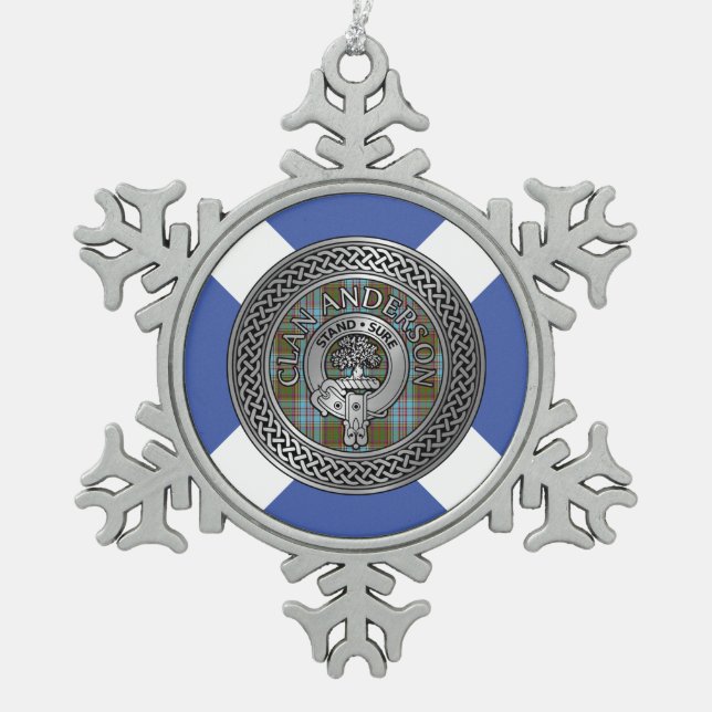 Clan Anderson Crest & Tartan Knot Snowflake Pewter Christmas Ornament (Front)