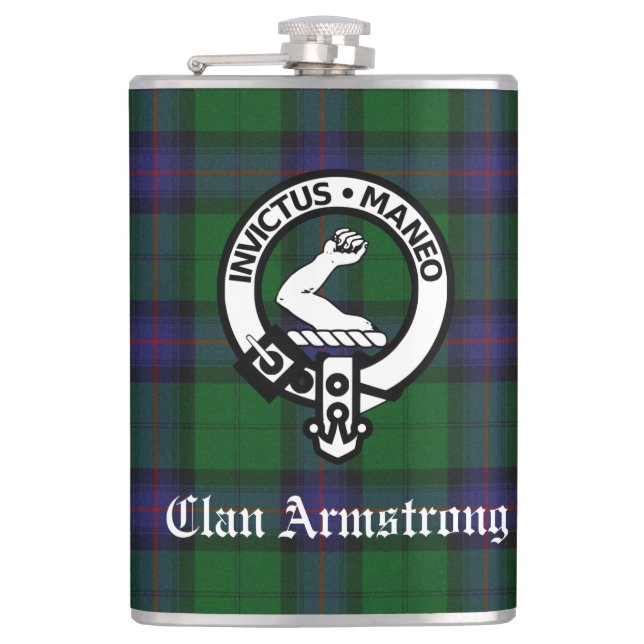 Clan Armstrong Crest Badge and Tartan Flask (Front)