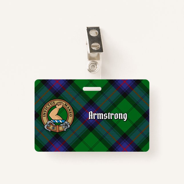Clan Armstrong Crest over Tartan Badge (Front with Clip)