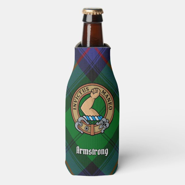 Clan Armstrong Crest over Tartan Bottle Cooler (Bottle Front)