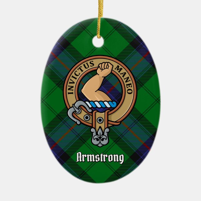 Clan Armstrong Crest over Tartan Ceramic Ornament (Front)
