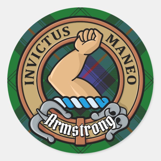 Clan Armstrong Crest over Tartan Classic Round Sticker (Front)