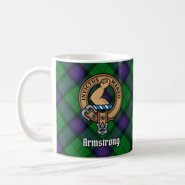 Clan Armstrong Crest over Tartan Coffee Mug (Left)