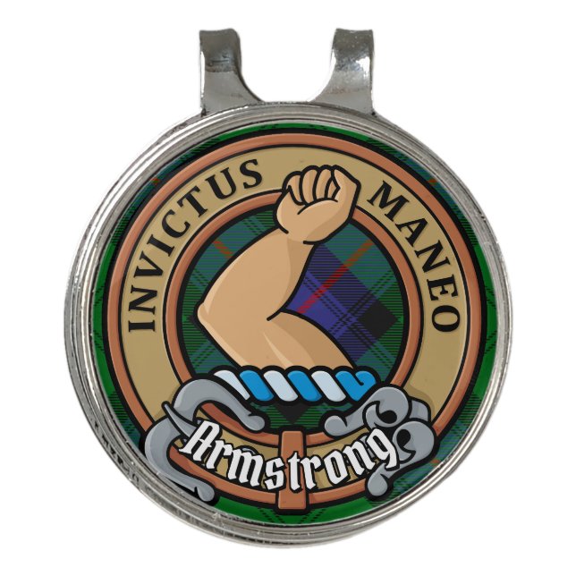 Clan Armstrong Crest over Tartan Golf Hat Clip (Front)