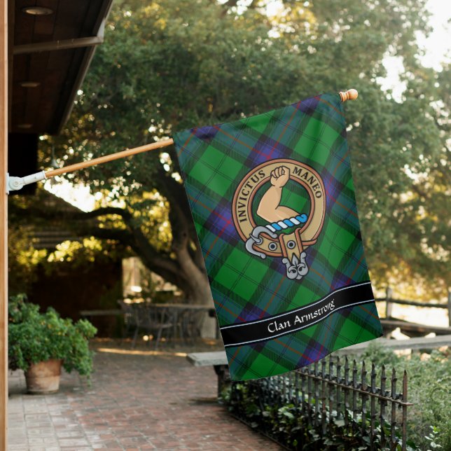 Clan Armstrong Crest over Tartan House Flag (In SItu)
