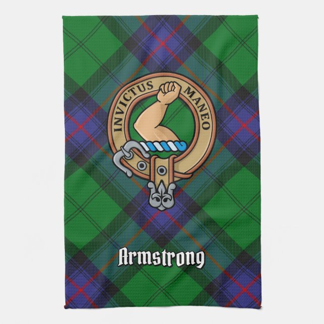 Clan Armstrong Crest over Tartan Kitchen Towel (Vertical)