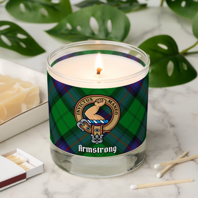 Clan Armstrong Crest over Tartan Scented Candle (Lit)