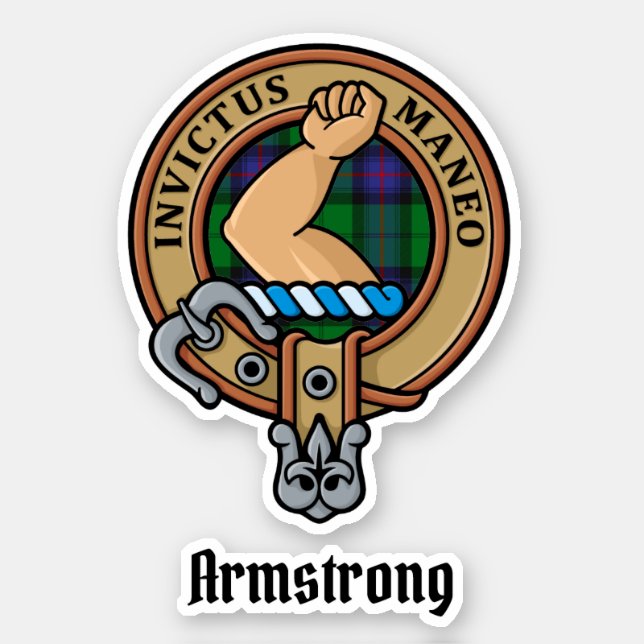 Clan Armstrong Crest over Tartan Sticker (Front)