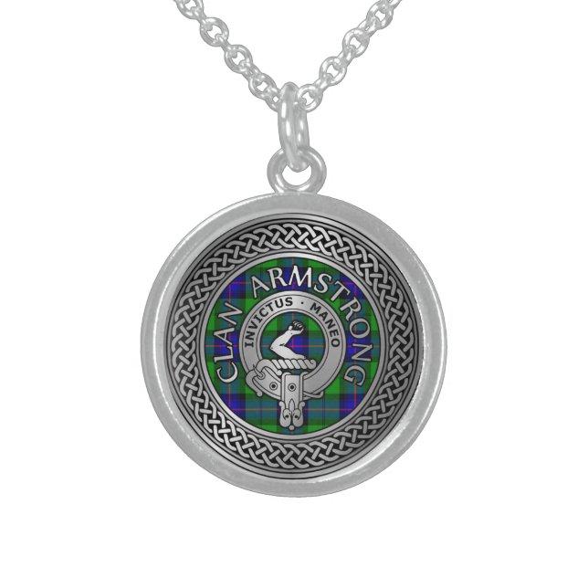 Clan Armstrong Crest & Tartan Knot Sterling Silver Necklace (Front)