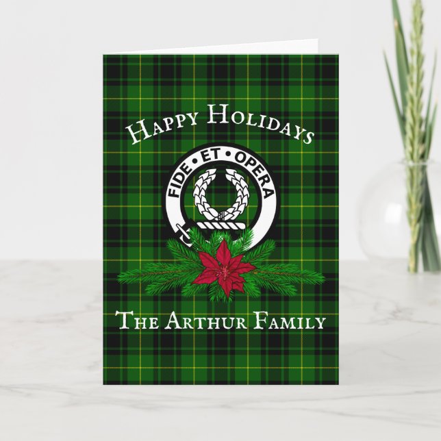 Clan Arthur Crest Badge & Tartan Christmas Card (Front)
