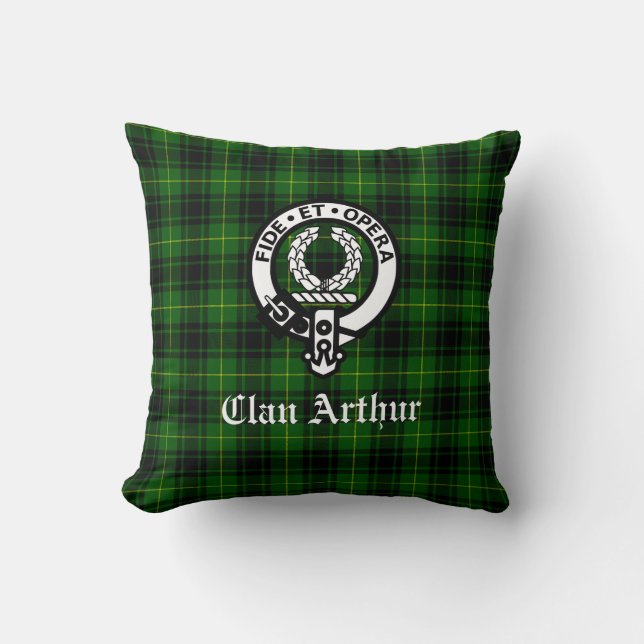 Clan Arthur / MacArthur Crest & Tartan Throw Pillow (Front)