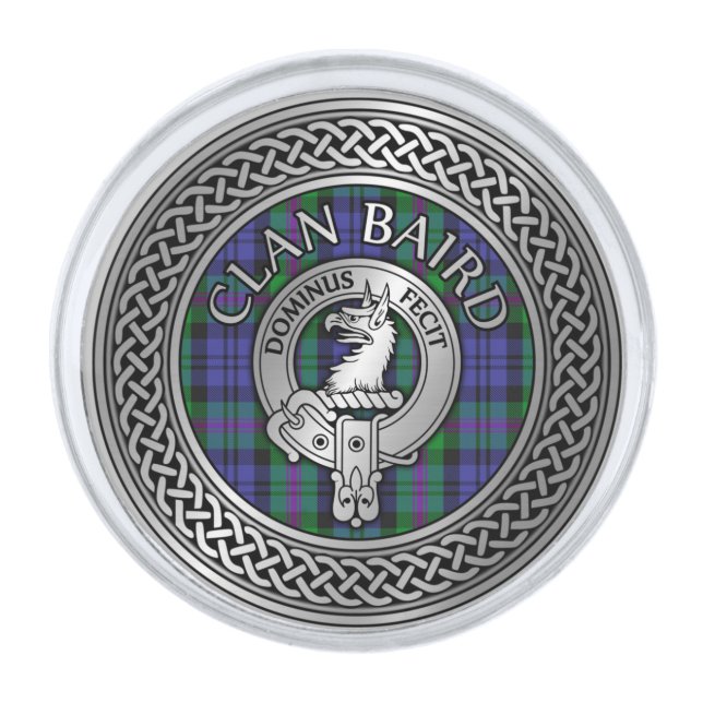 Clan Baird Crest & Tartan Knot Silver Finish Lapel Pin (Front)