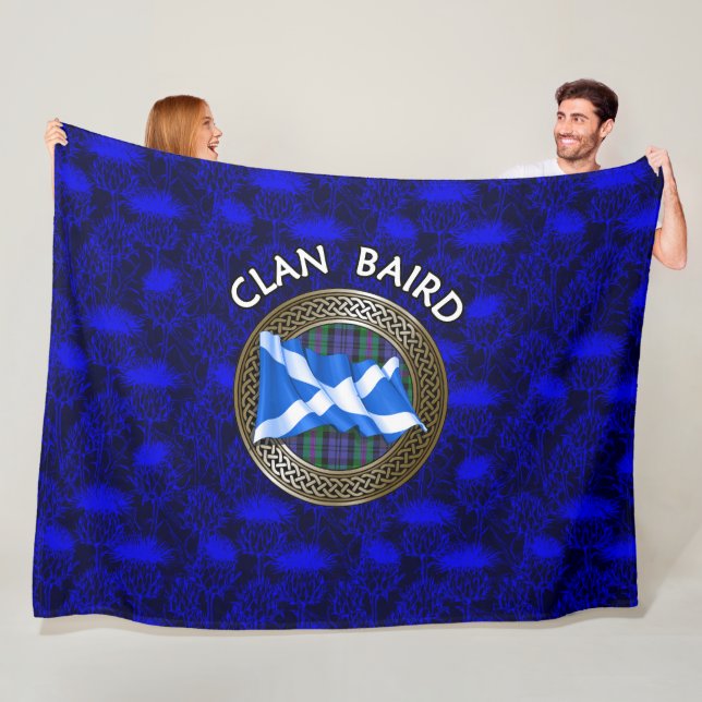 Clan Baird Tartan Knot & Flag Fleece Blanket (In Situ)