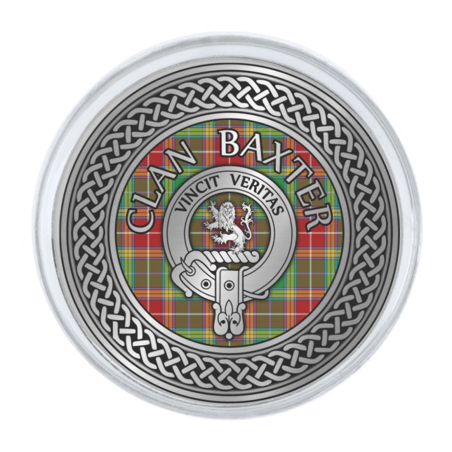 Clan Baxter Crest & Tartan Knot Silver Finish Lapel Pin (Front)