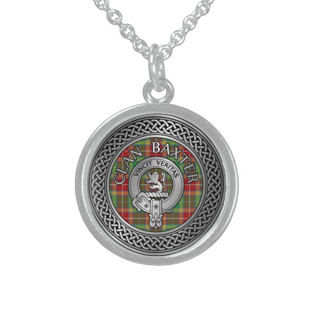 Clan Baxter Crest & Tartan Knot Sterling Silver Necklace (Front)