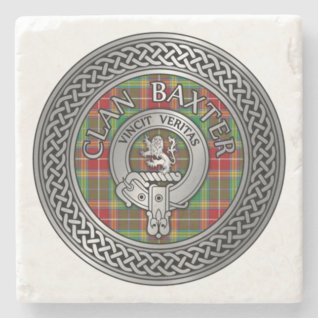 Clan Baxter Crest & Tartan Knot Stone Coaster (Front)