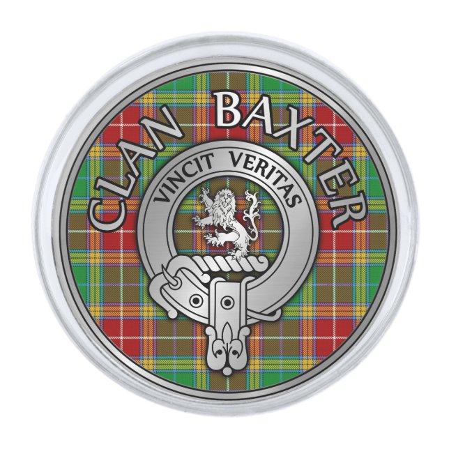 Clan Baxter Crest & Tartan Silver Finish Lapel Pin (Front)