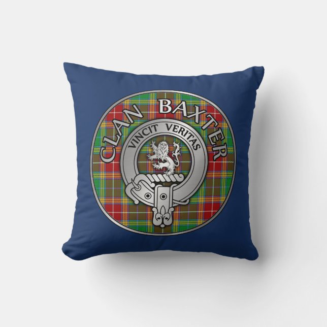 Clan Baxter Crest & Tartan Throw Pillow (Front)