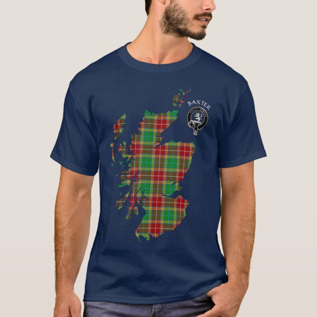 Clan Baxter Tartan Map & Crest T-Shirt (Front)
